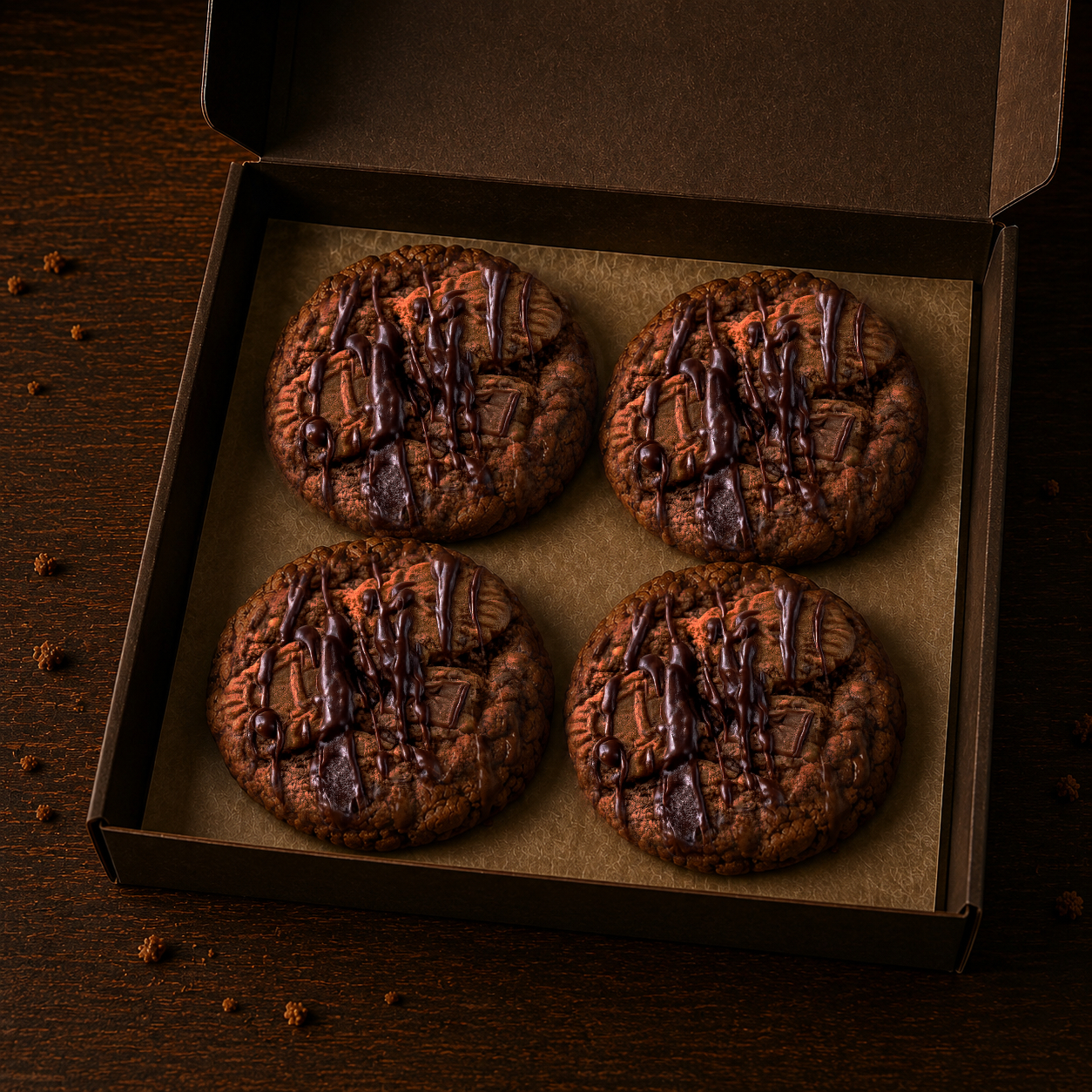Four Jake's Bakes cookies packaged for collection